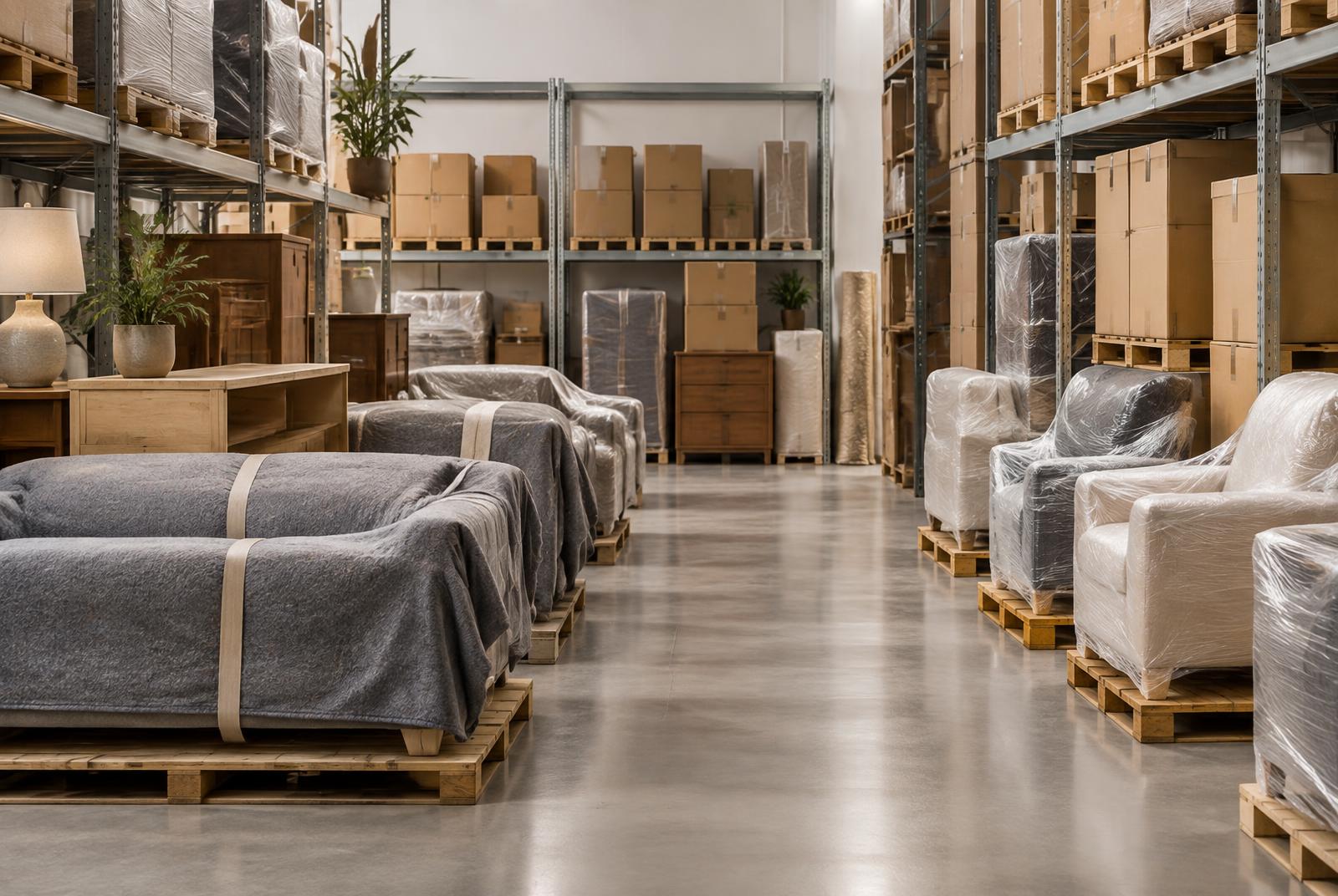 Bright climate-controlled furniture storage facility in Dubai with blanket-wrapped sofas on pallets