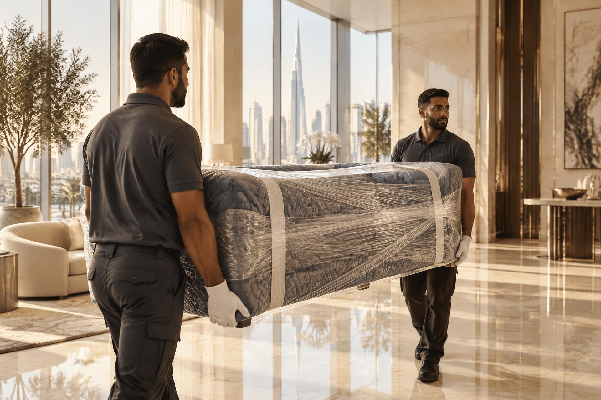 BeMore Movers crew carrying a wrapped sofa through a Dubai tower lobby